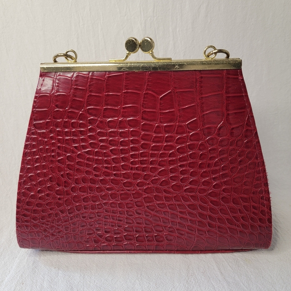 Elegant Liz Claiborne Red Croc Embossed Kiss-Lock Chain Clutch Y2K - Picture 3 of 6